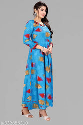 Rayon Firozi Color Key Long Anarkali Kurti, three-quarter sleeves, printed design, casual office or occasion wear, India origin